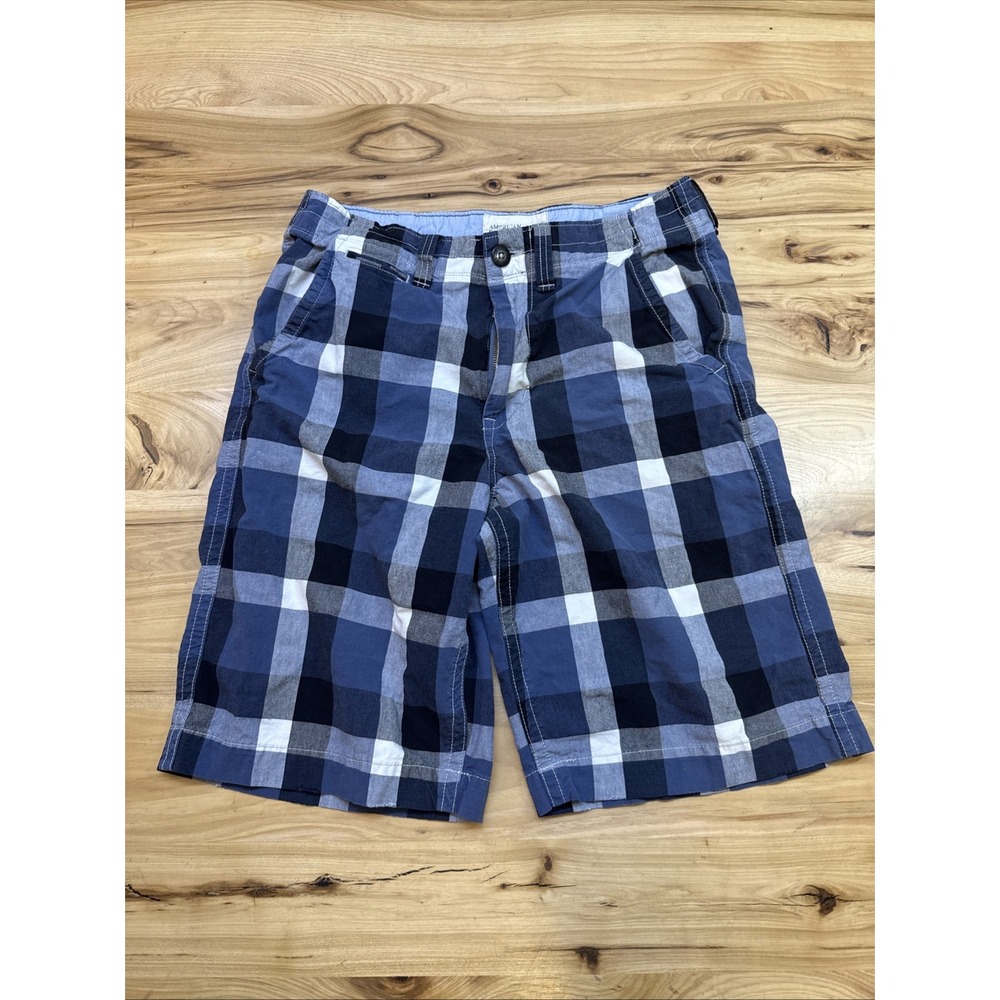 American Eagle Longer Length Plaid Shorts Mens 32 Blue White Gray Cotton Cargo